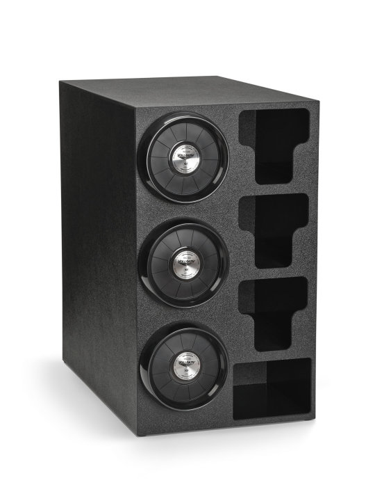 Countertop dispenser 3 x 2 ABS cabinet with three INC-80 adjustable gasket cup dispensers, three T-lid holders and one wrapped-straw holder in black