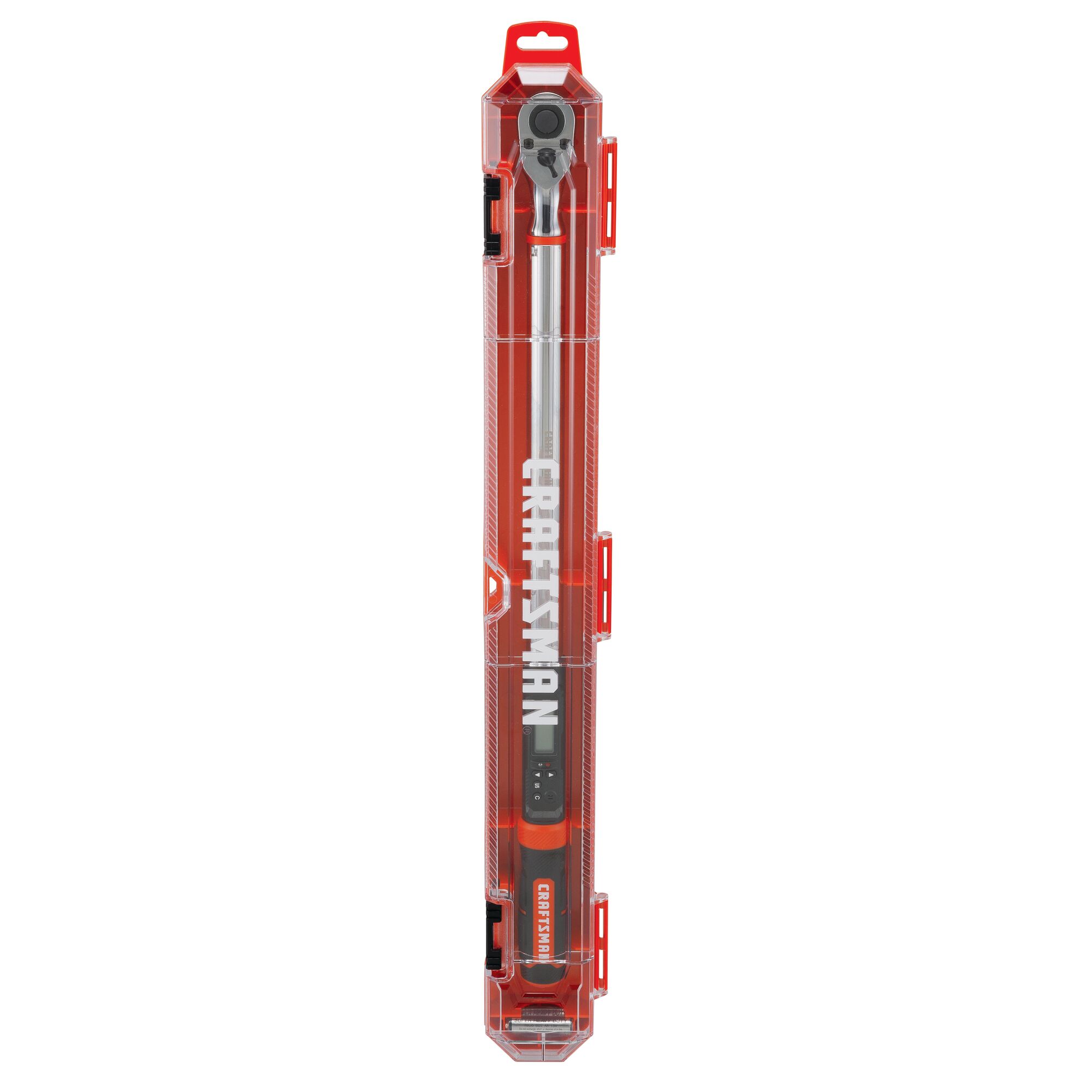 Profile of half inch. Drive digital torque wrench with packaging tag.