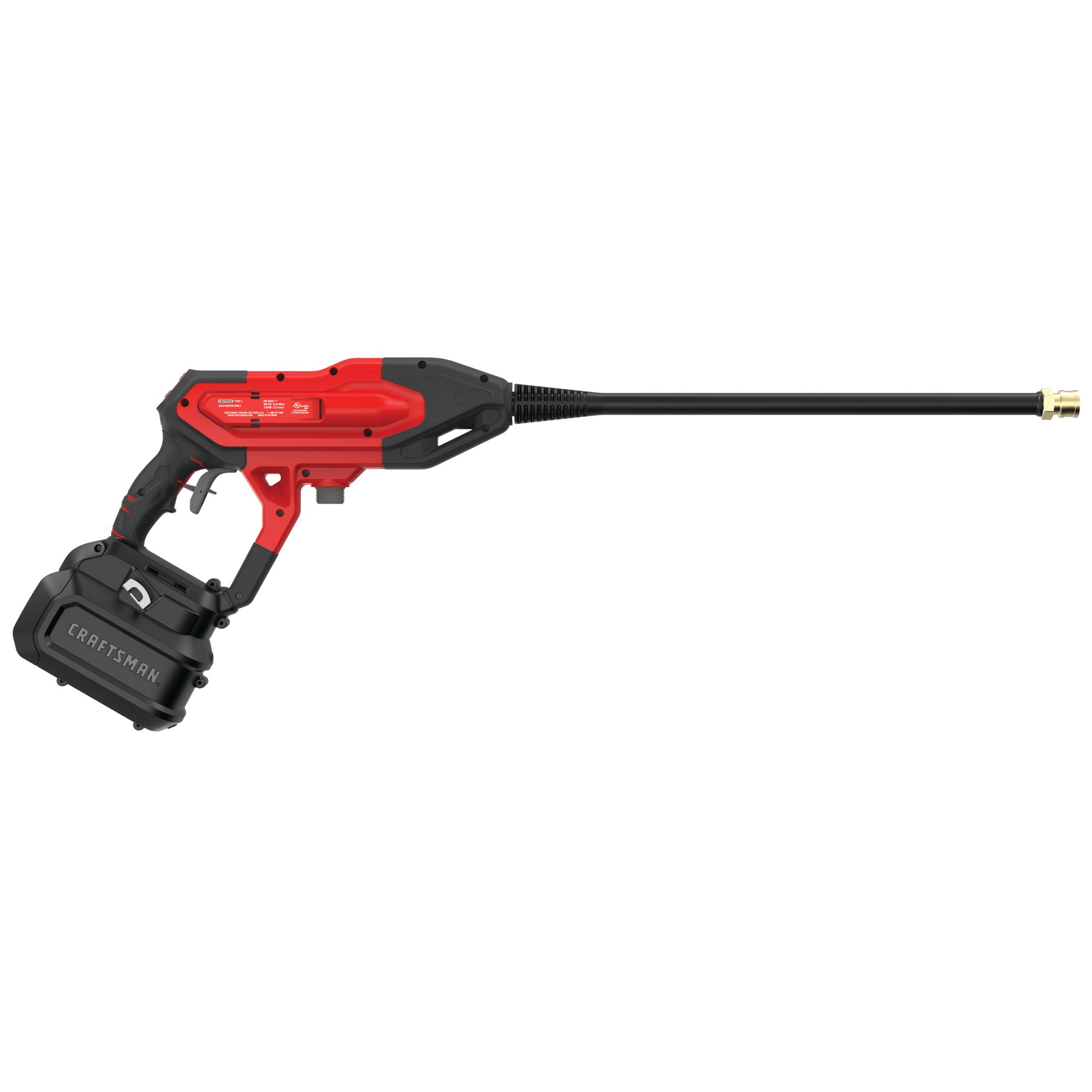 Left profile of 20 volt cordless 350 max P S I power cleaner.