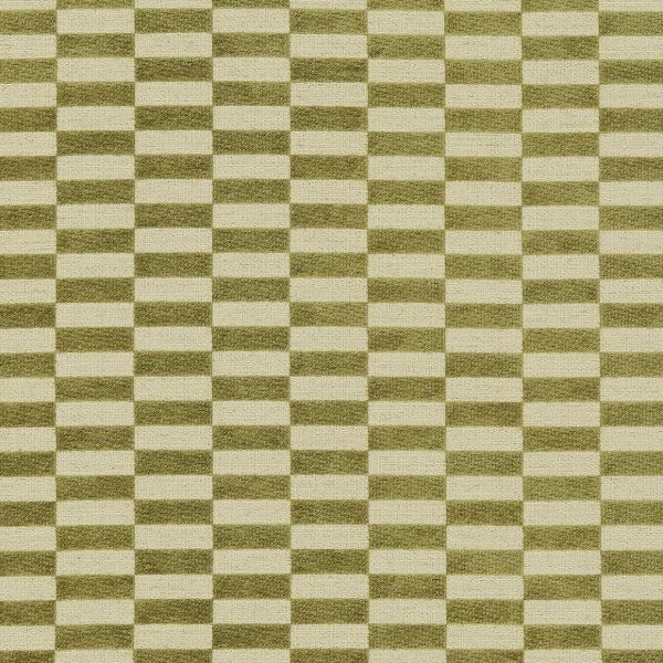 Green-and-cream woven fabric laid flat, showing alternating short horizontal rectangular bands in a tight checkerboard grid; textured surface, even studio lighting, close-up textile pattern.