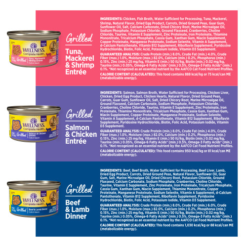 <p>Tuna, Mackerel & Shrimp – Chicken, Fish Broth, Water Sufficient for Processing, Tuna, Mackerel, Shrimp, Natural Flavor, Dried Egg Product, Carrots, Dried Ground Peas, Guar Gum, Sunflower Oil, Salt, Calcium Carbonate, Dried Chicory Root, Marine Microalgae Oil, Sodium Phosphate, Potassium Chloride, Ground Flaxseed, Cranberries, Choline Chloride, Taurine, Vitamin E Supplement, Zinc Proteinate, Iron Proteinate, Thiamine Mononitrate, Tricalcium Phosphate, Cassia Gum, Xanthan Gum, Niacin Supplement, Copper Proteinate, Manganese Proteinate, Sodium Selenite, Vitamin A Supplement, d-Calcium Pantothenate, Vitamin B12 Supplement, Riboflavin Supplement, Pyridoxine Hydrochloride, Biotin, Folic Acid, Potassium Iodide, Vitamin D3 Supplement. </p>
<p>Salmon & Chicken – Salmon, Salmon Broth, Water Sufficient for Processing, Chicken Liver, Chicken, Dried Egg Product, Chicken Hearts, Natural Flavor, Dried Ground Peas, Carrots, Guar Gum, Sunflower Oil, Salt, Dried Chicory Root, Marine Microalgae Oil, Ground Flaxseed, Calcium Carbonate, Sodium Phosphate, Potassium Chloride, Cranberries, Choline Chloride, Taurine, Vitamin E Supplement, Zinc Proteinate, Iron Proteinate, Thiamine Mononitrate, Tricalcium Phosphate, Cassia Gum, Xanthan Gum, Niacin Supplement, Copper Proteinate, Manganese Proteinate, Sodium Selenite, Vitamin A Supplement, d-Calcium Pantothenate, Vitamin B12 Supplement, Riboflavin Supplement, Pyridoxine Hydrochloride, Biotin, Folic Acid, Potassium Iodide, Vitamin D3 Supplement. </p>
<p>Beef & Lamb – Beef, Beef Broth, Water Sufficient for Processing, Beef Liver, Lamb, Dried Egg Product, Carrots, Dried Ground Peas, Natural Flavor, Sunflower Oil, Guar Gum, Salt, Marine Microalgae Oil, Dried Chicory Root, Potassium Chloride, Ground Flaxseed, Calcium Carbonate, Sodium Phosphate, Cranberries, Choline Chloride, Taurine, Vitamin E Supplement, Zinc Proteinate, Iron Proteinate, Tricalcium Phosphate, Cassia Gum, Xanthan Gum, Niacin Supplement, Thiamine Mononitrate, Copper Proteinate, Manganese Proteinate, Sodium Selenite, Vitamin A Supplement, d-Calcium Pantothenate, Vitamin B12 Supplement, Riboflavin Supplement, Pyridoxine Hydrochloride, Biotin, Folic Acid, Potassium Iodide, Vitamin D3 Supplement.</p>
