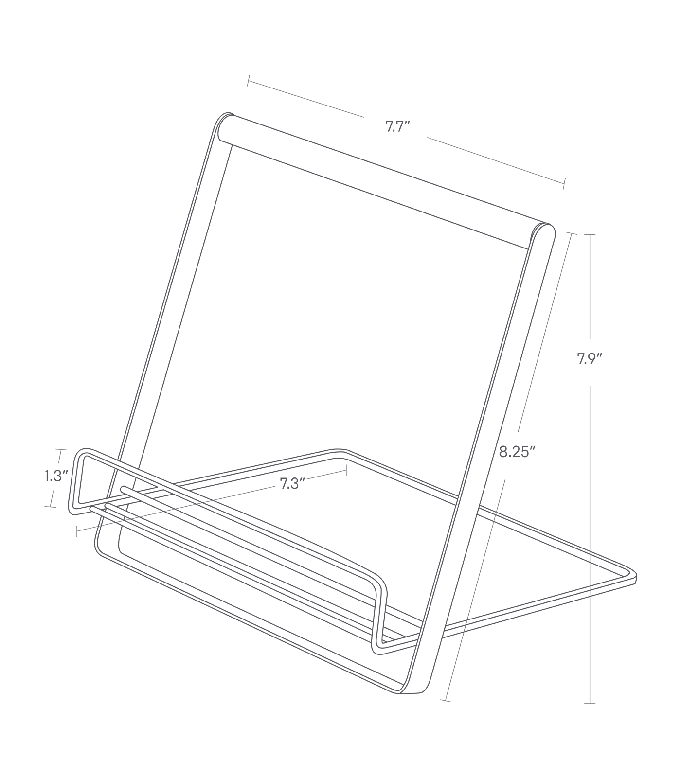 Image dimensionnelle du support pour tablette et livre de cuisine montrant une hauteur totale de 7,9 ", une longueur de 7,3 ", une largeur de 7,7 " et une longueur de la barre du panneau avant de 8,25 " et une hauteur du panneau inférieur de 1,3 "