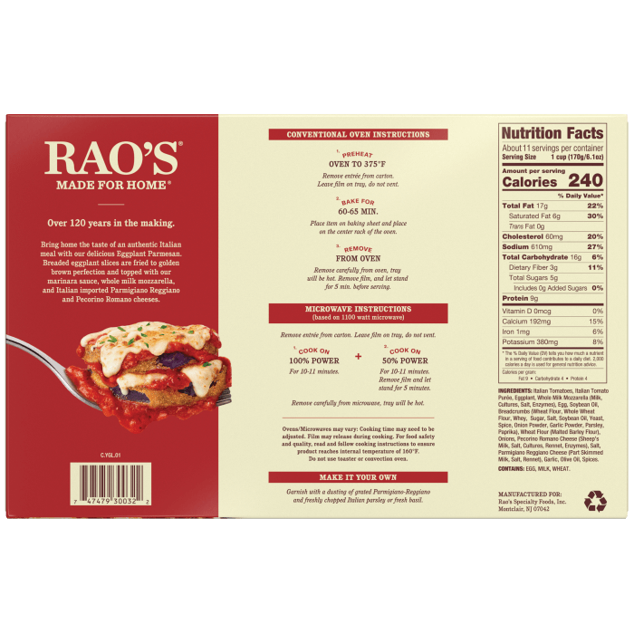 Eggplant Parmesan Frozen Meal, 64 oz - Back Image