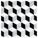 Pietra Visivo Collection Thassos Select Polished, Italian Carrara Light Select Polished, And Nero Marquina Select Polished 11×10 Cubist Mosaic Polished