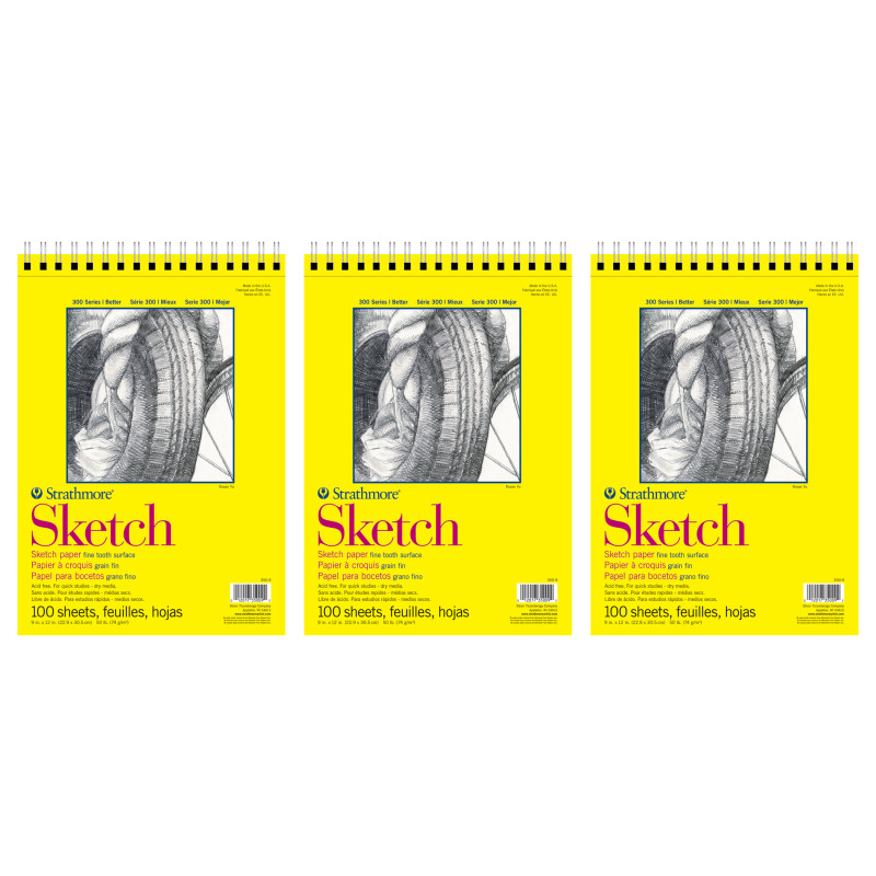 300 Series Sketch Pad, Side Wire Binding, 100 Sheets, 9x12 inch, Pack of 3