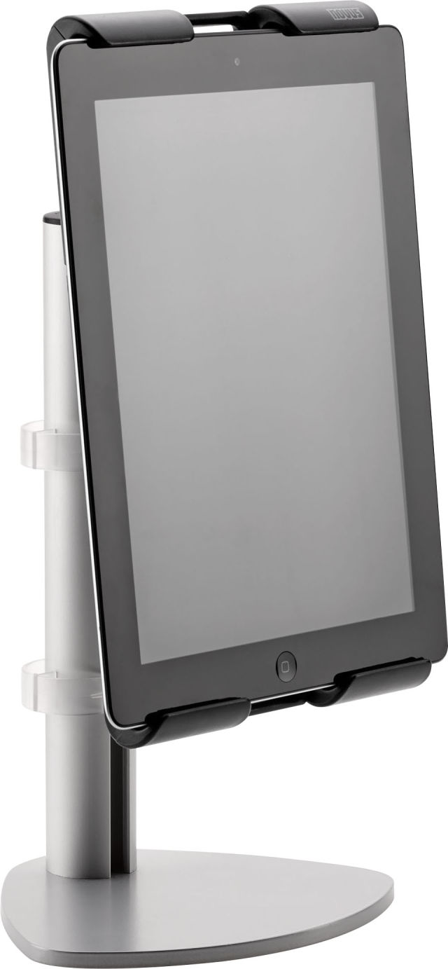 This fully adjustable tablet holder adjusts for height, angle, and viewing mode to eliminate neck and eye strain.