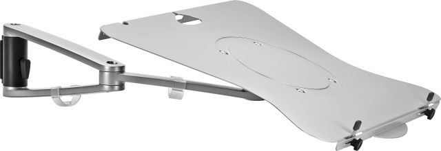 Installs on a MY column to lift a laptop off the desk surface for a more comfortable viewing position.