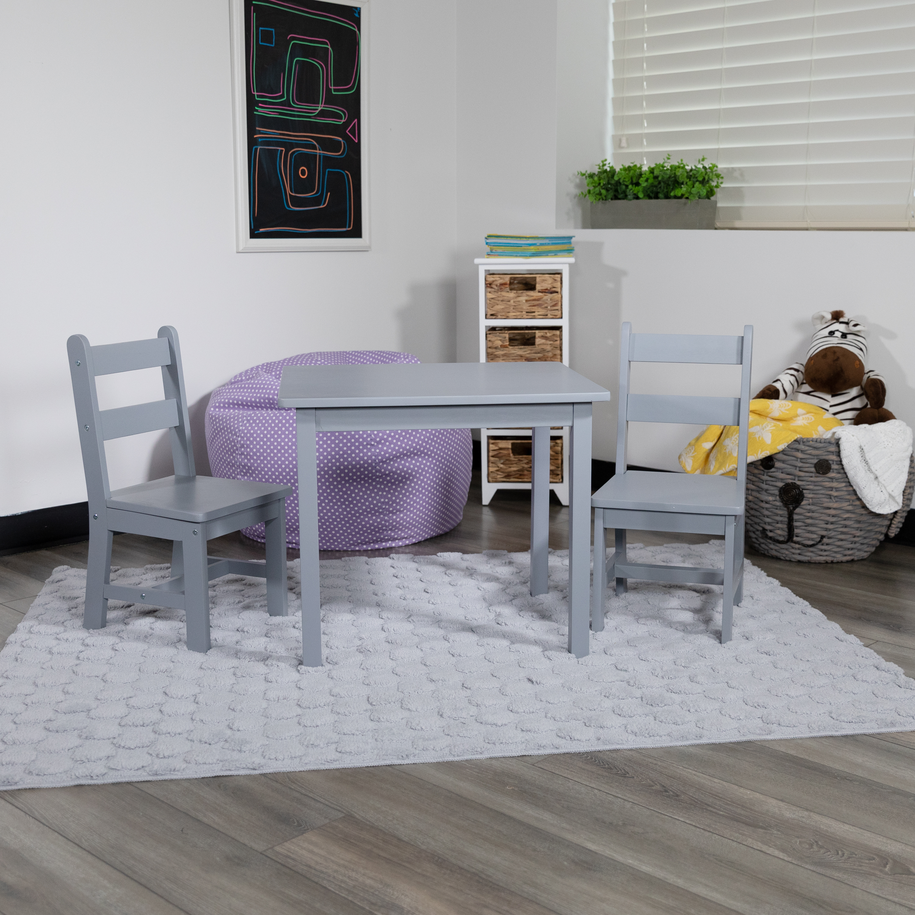 Juego de mesa y silla de madera maciza para niños de 3 piezas para sala de juegos, cocina - blanco - Imagen 20 de 37
