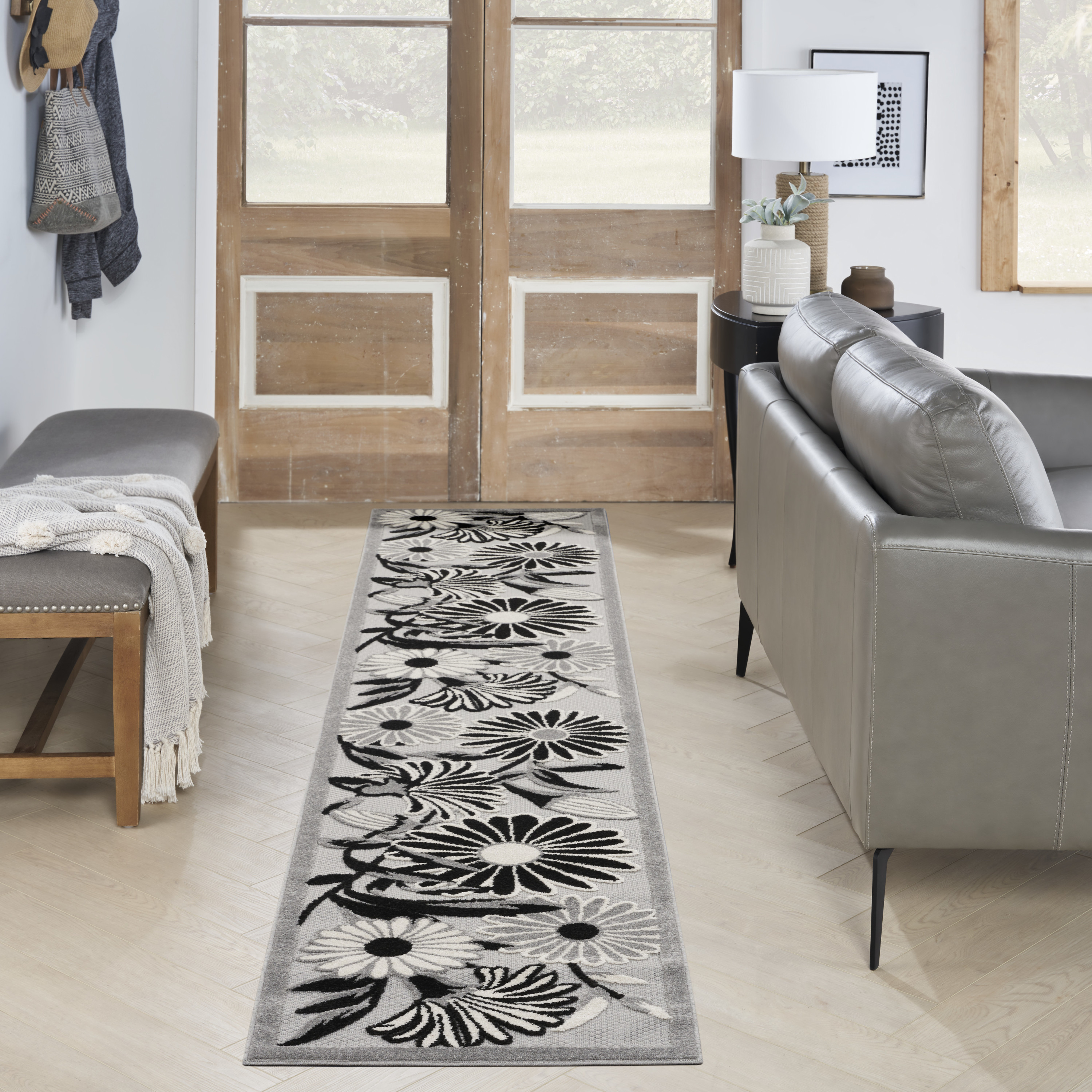 Nourison Aloha 2'3" x 8' Black White Contemporary Rug