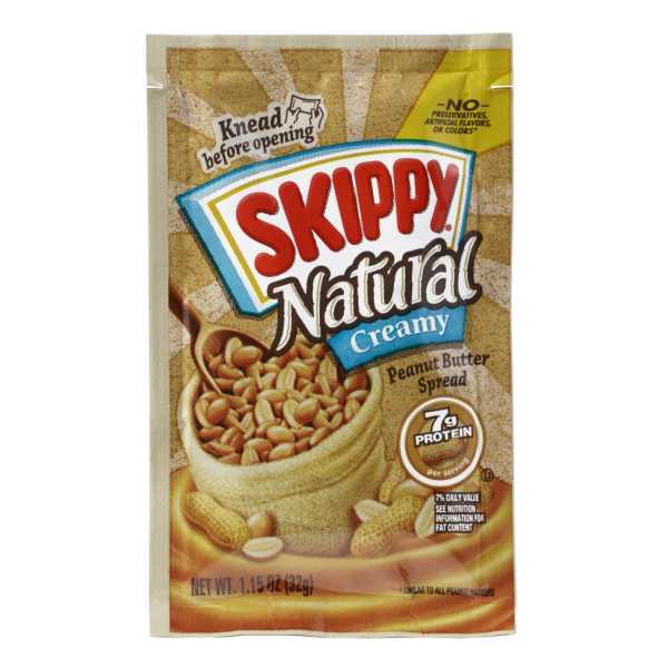 SKIPPY(r) Natural Creamy Peanut Butter Spread Sachet 160/1.15OZ . C1RM - Front Right Open Case (Hi Res)