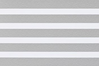 Dual-layer zebra blinds with alternating opaque white and translucent woven gray horizontal bands covering a window; aligned to partially block and filter light; close-up, neutral indoor lighting.