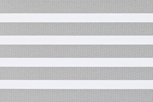 Dual-layer zebra blinds with alternating opaque white and translucent woven gray horizontal bands covering a window; aligned to partially block and filter light; close-up, neutral indoor lighting.