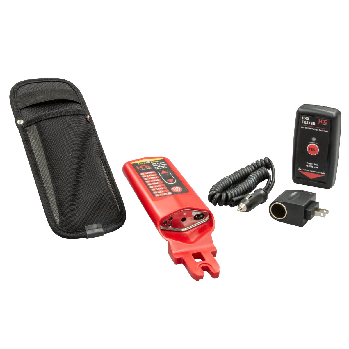 PRX proximity voltage detector, 500kV XF, HS, PT. The ideal solution for line crews that perform voltage testing on both distribution and transmission lines.  Preset with nine stardard voltage ranges from 120VAC to 500kVAC.  Capacitive test point mode included in the 120VAC setting.  Audible and visual alert when voltage is present.  Powered by a rechargeable Li-Ion battery.