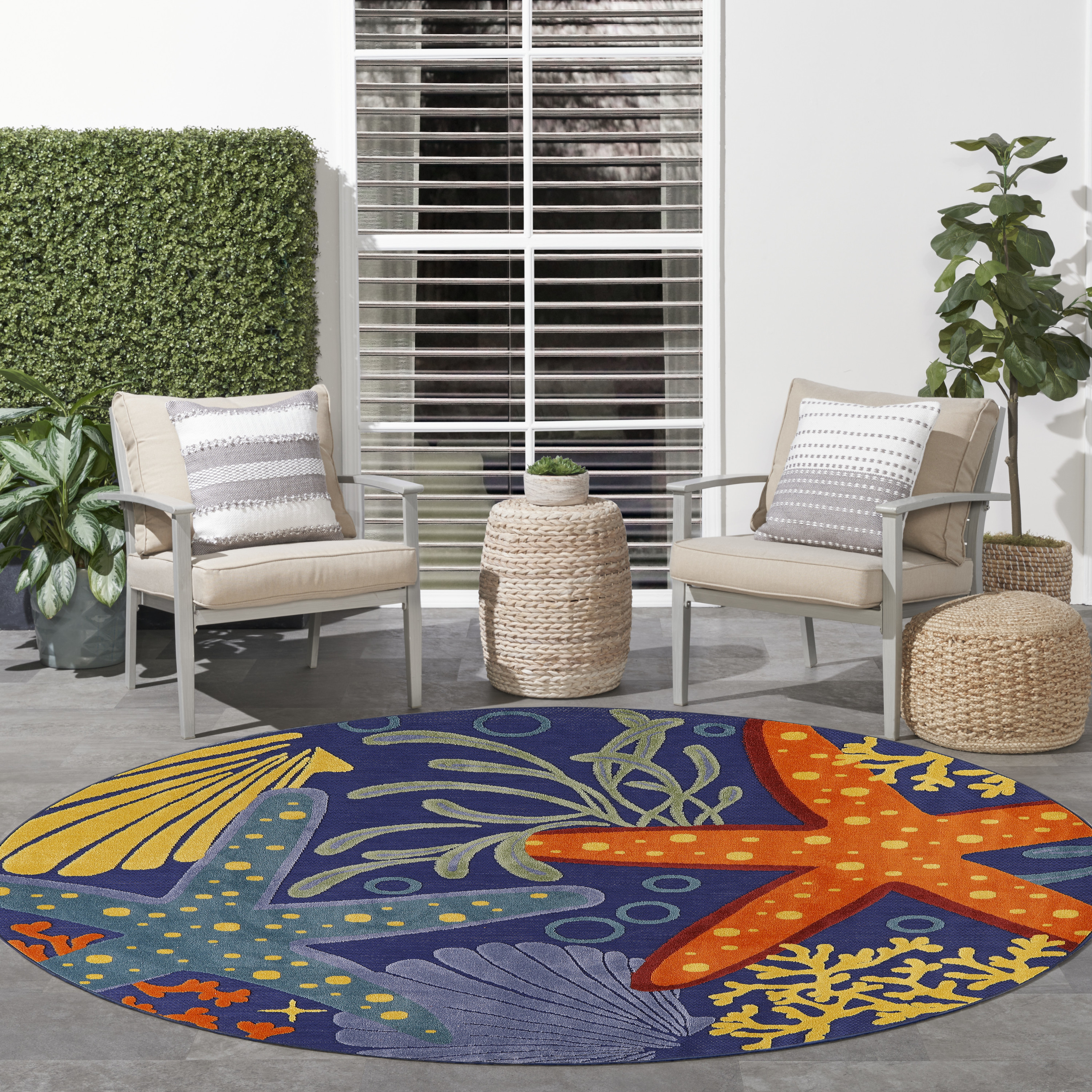 Nourison Aloha 5'3" x Round Navy Multicolor Outdoor Rug