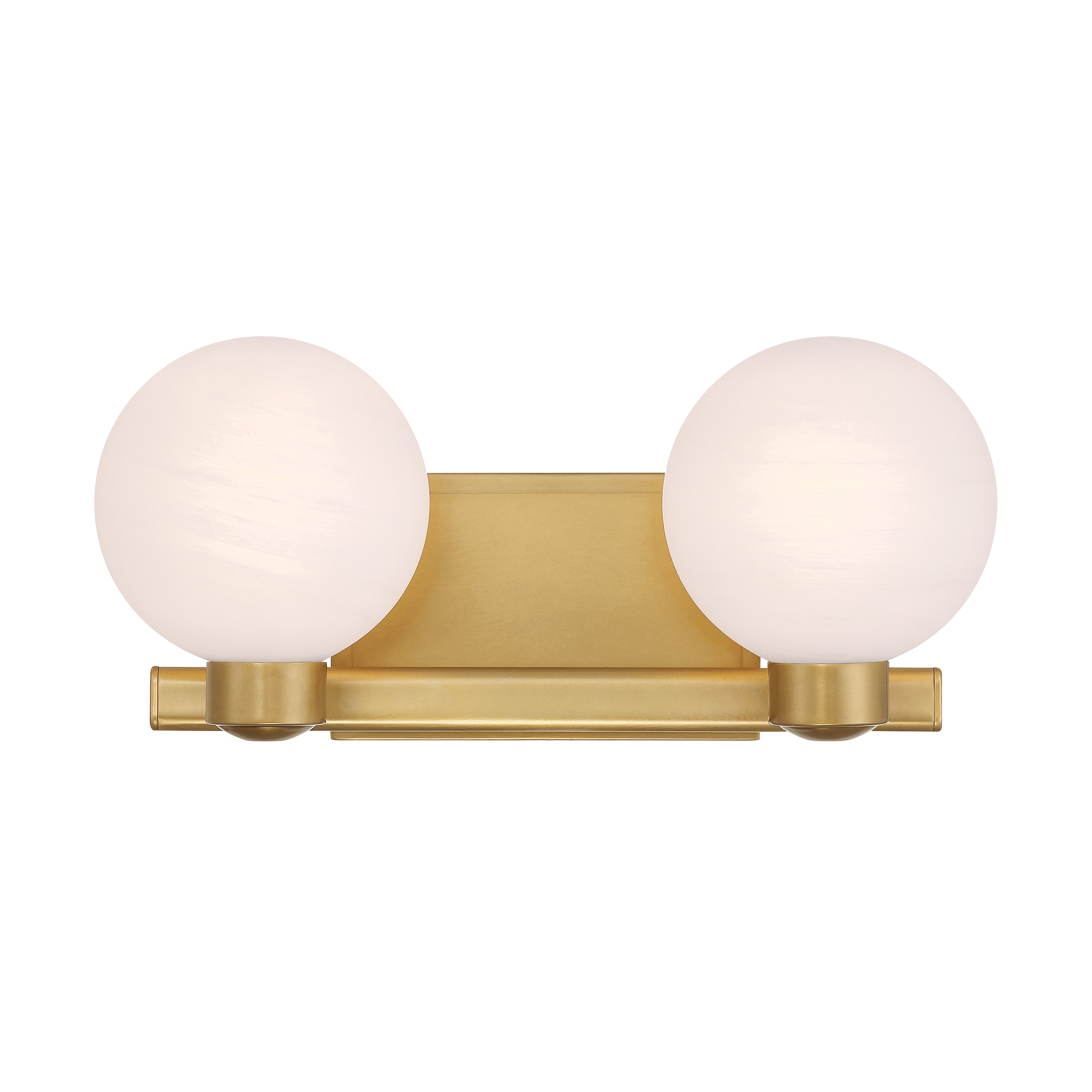The Mooncrest 2-light vanity combines warm Legacy Brass finish with elegant etched alabaster glass for a sophisticated bathroom lighting solution. Its 16-inch width makes it ideal for smaller vanities and powder rooms. - alternate view