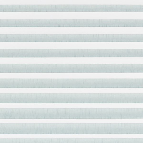 Horizontal zebra blinds spanning the frame, alternating opaque white and pale blue translucent fabric; aligned in closed bands, filtering and diffusing daylight across a minimal, evenly lit interior.