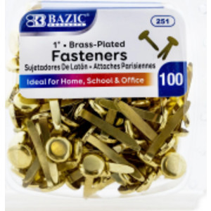 Brass-Plated Fasteners, 1", Pack of 100