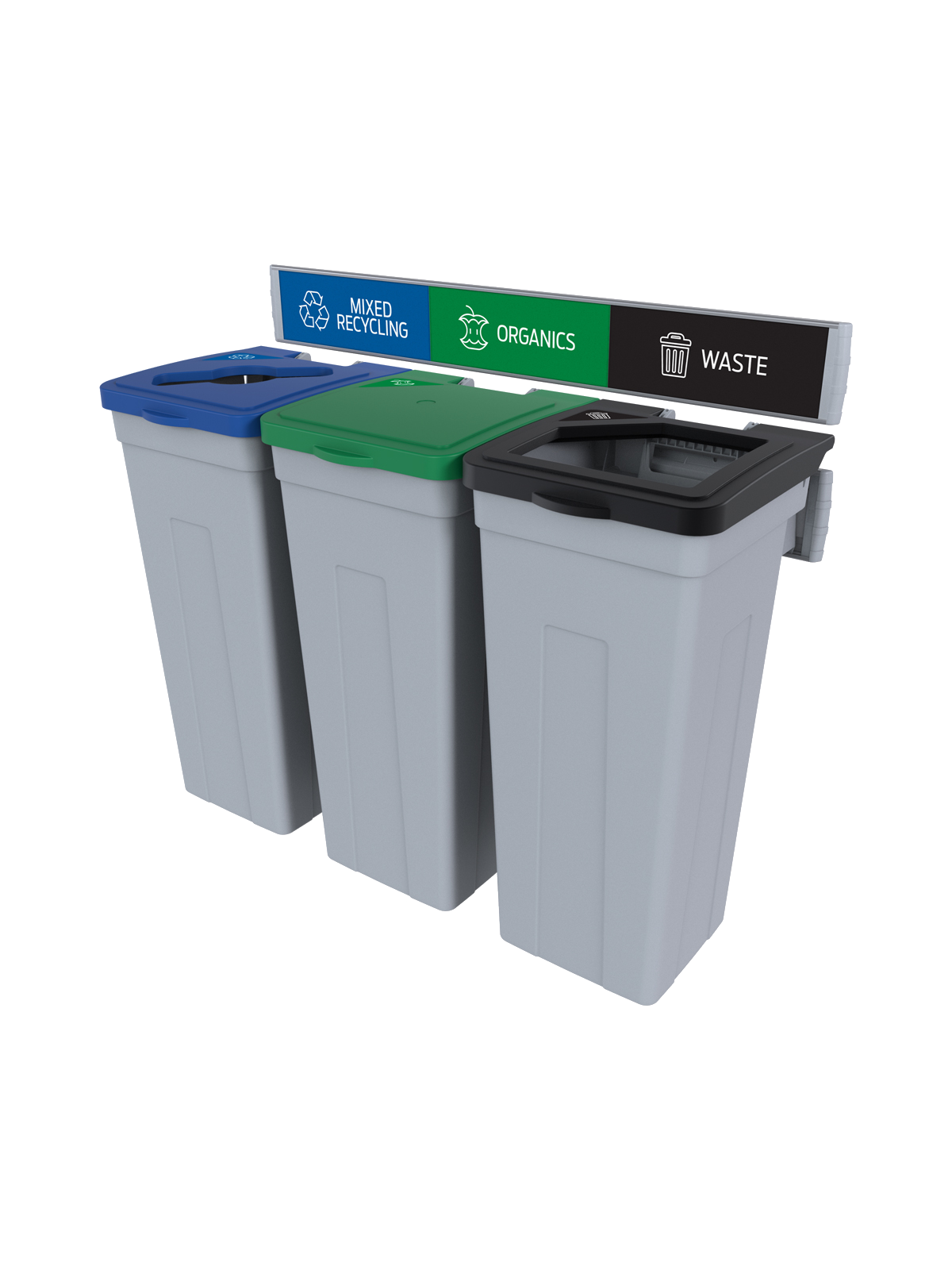 RISE – Triple – Kit – Mixed Recycling-Organics-Waste – Mixed-Solid Lift-Full – Grey-Blue-Green-Black