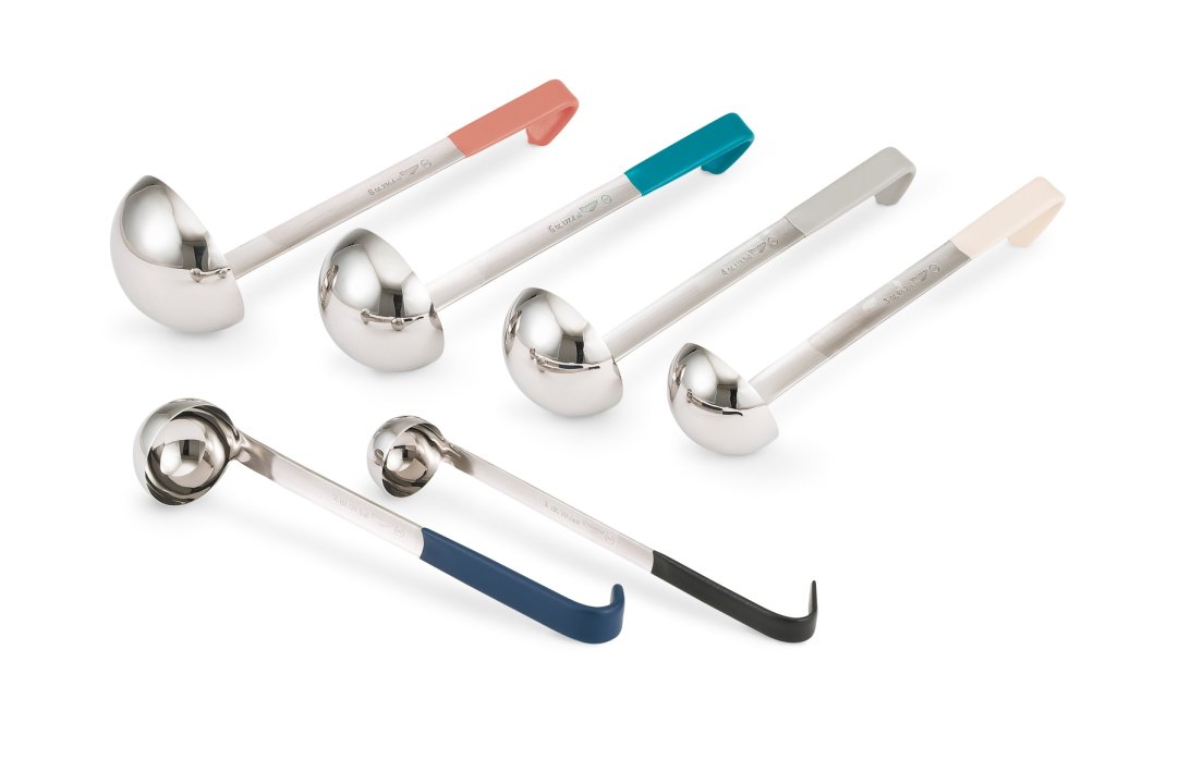 2-ounce one-piece heavy-duty stainless steel ladle with blue Kool-Touch® handle