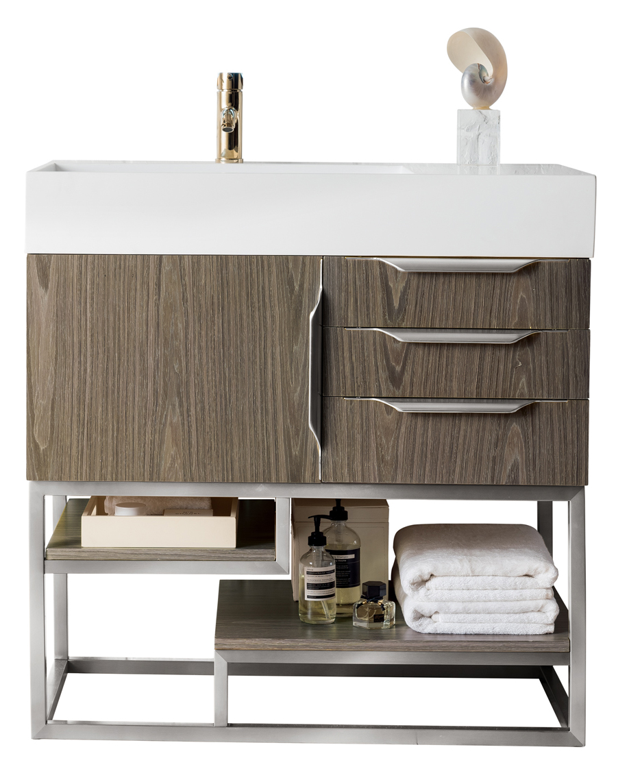 James Martin Columbia 36" Single Vanity, Ash Gray, w/ Glossy White Composite Stone Top and Stand Finish Options