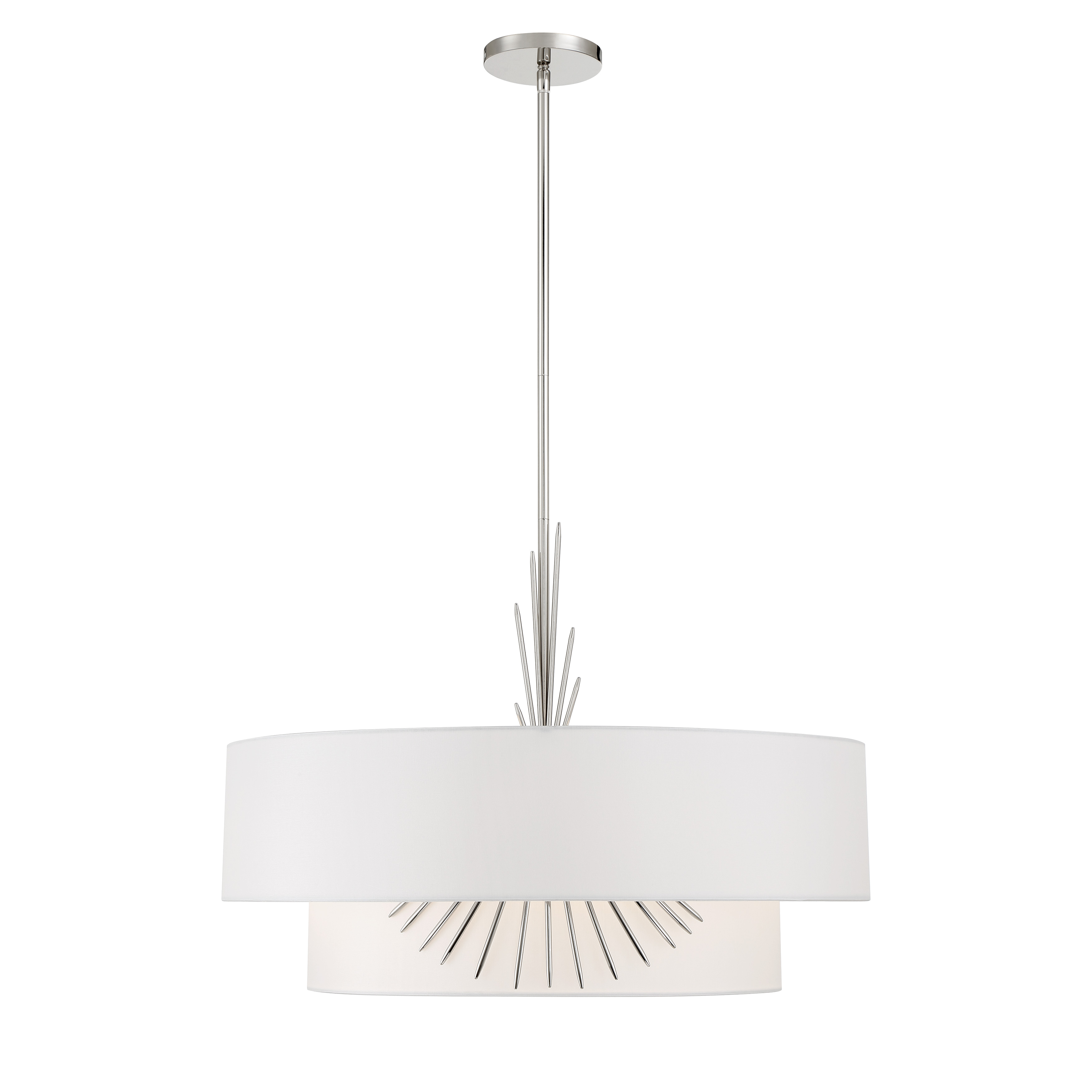 The Gramercy pendant by Robin Baron combines polished nickel hardware with a luxurious white silk shade, creating a refined focal point. Its 26-inch width and 4-light configuration deliver substantial illumination with designer appeal. - alternate view