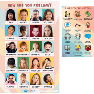 Laminated Feelings & Coping Posters for Kids, 11" x 17", English & Spanish, Set of 2