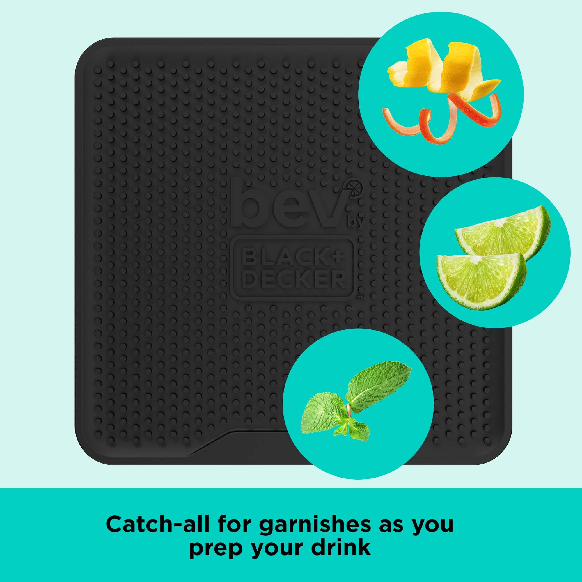 bev by BLACK+DECKER™ bar mat being used to story limes, mint, lemon and orange wedges for drink garnishes