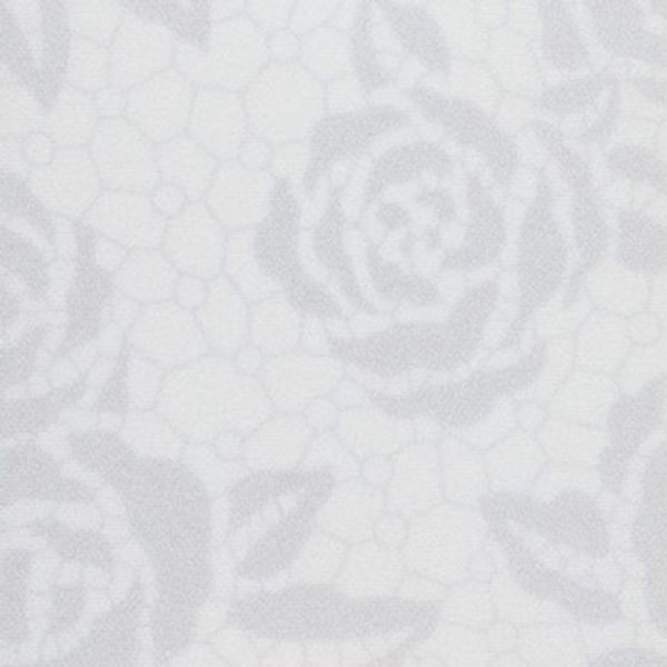 White lace-like fabric with rose and honeycomb motifs, showing an embossed floral pattern, presented in a tight close-up under soft, even diffuse lighting on a neutral background.