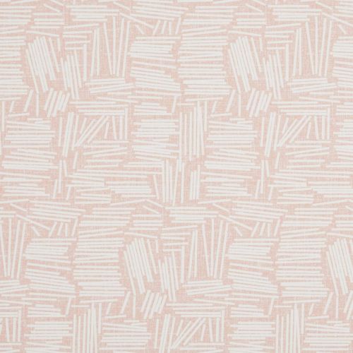 Pale pink wallpaper with irregular white stacked-line blocks (brushstroke-like), repeating across the surface; pattern covers a flat wall close-up, suggesting a softly lit interior décor.