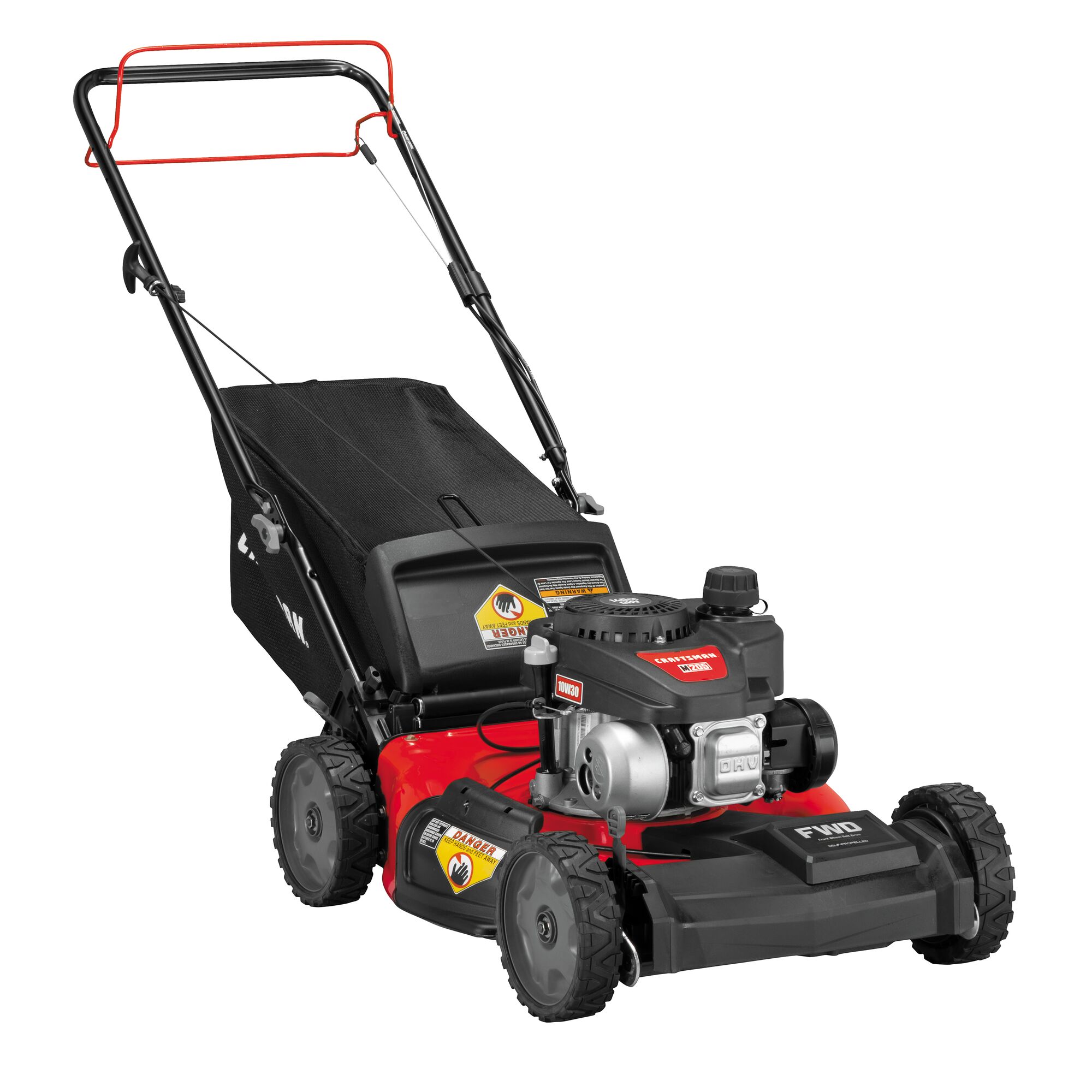 Profile of 21 inch front wheel drive self propelled lawn mower.