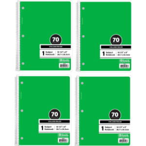 1-Subject Spiral Notebooks, College Ruled, 70 Count, Green, 4-Pack