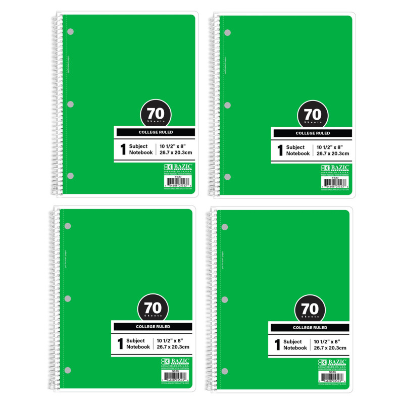 1-Subject Spiral Notebooks, College Ruled, 70 Count, Green, 4-Pack