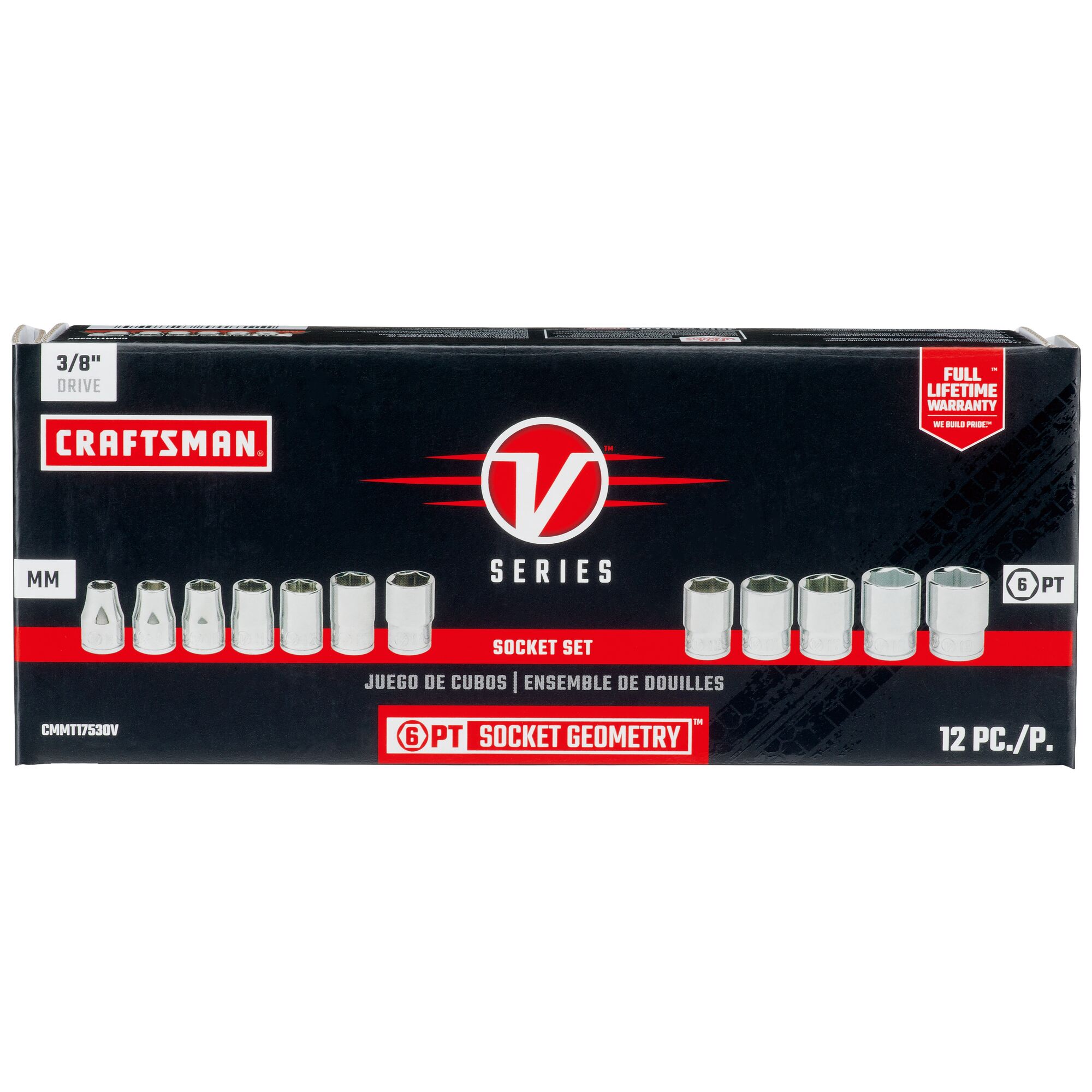 3 eighths inch drive metric 6 point socket set 12 pieces in cardboard packaging.
