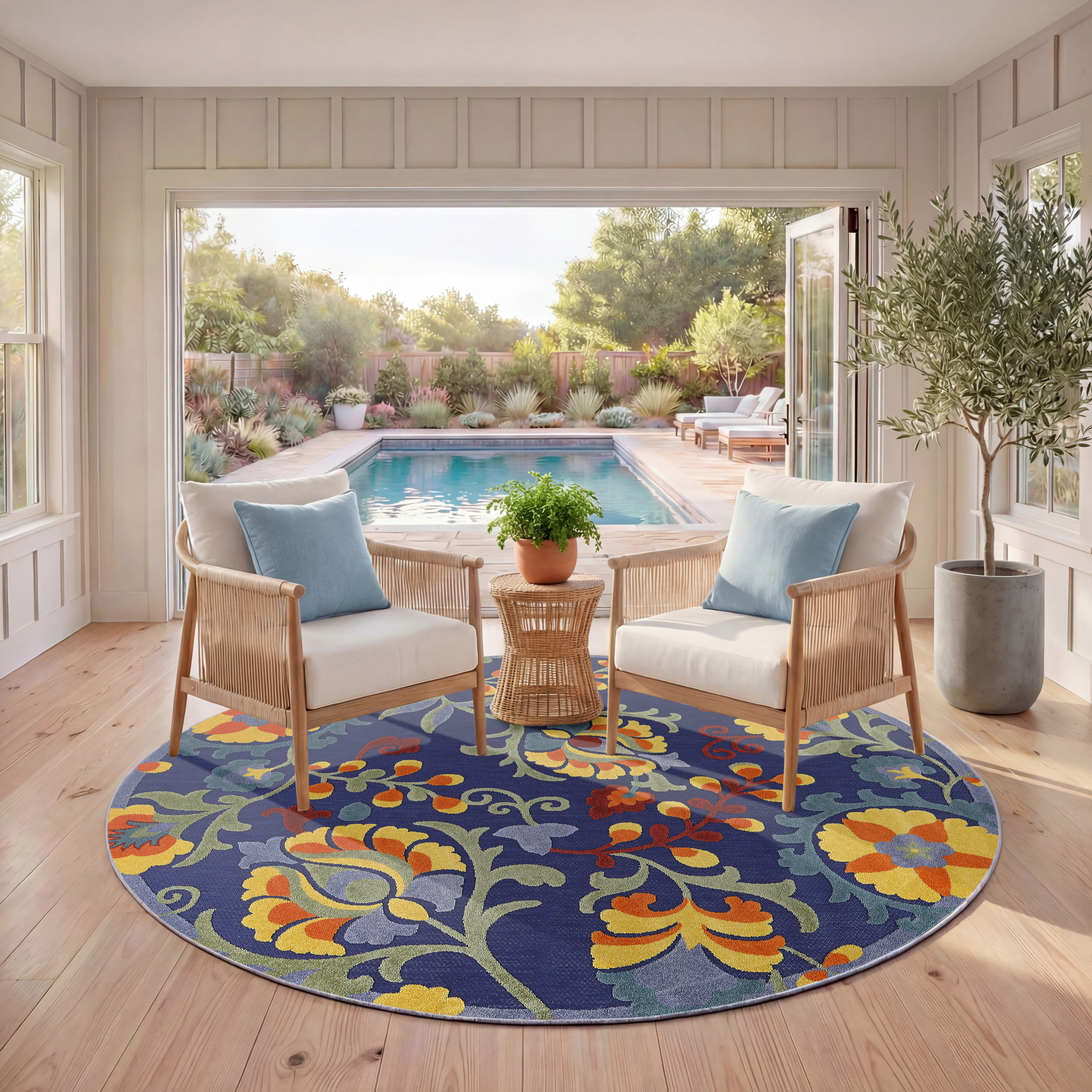 Nourison Aloha 5'3" x Round Navy Multicolor Outdoor Rug