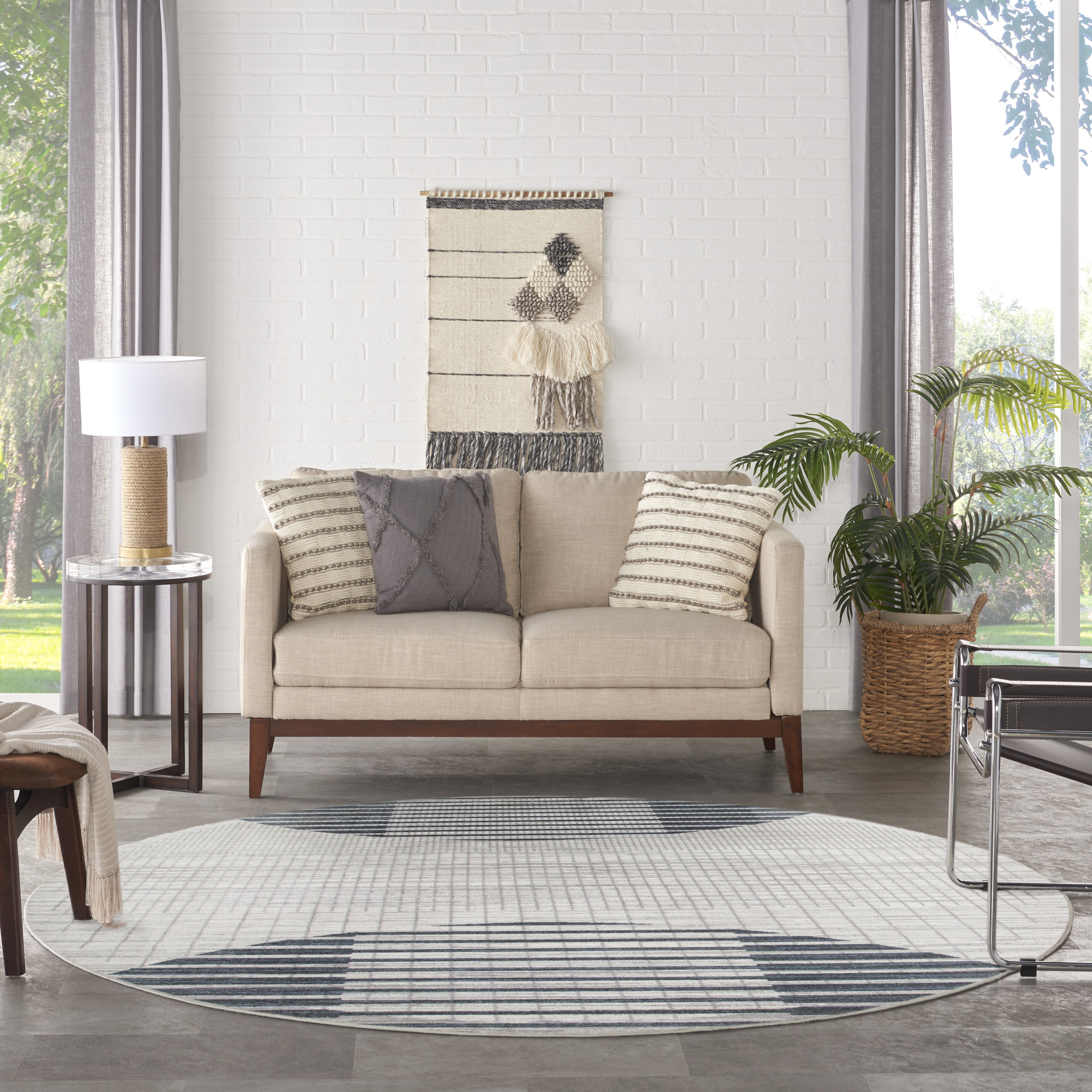 Nourison Astra Machine Washable 7'10" x Round Ivory Blue Mid-Century Modern Indoor Rug