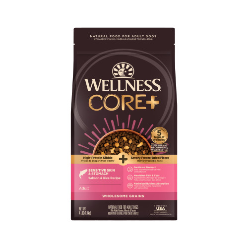 Wellness CORE+ Wholesome Grains Sensitive Skin & Stomach Salmon & Rice Recipe Front packaging