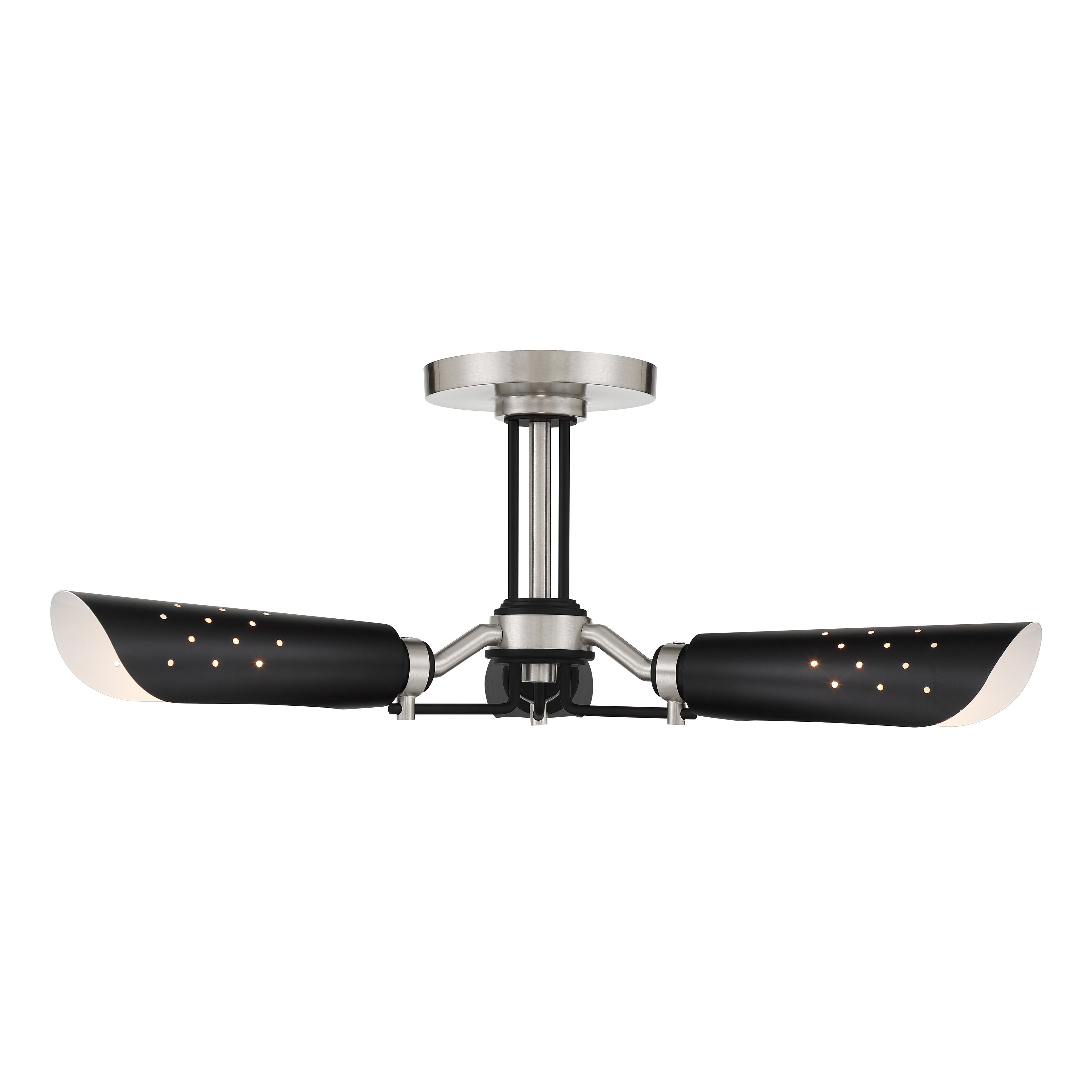 The Turbine semi-flush mount combines brushed nickel with coal highlights for an industrial-modern aesthetic. Its compact 22-inch profile and low 7.5-inch height make it ideal for rooms with standard or lower ceilings. - alternate view