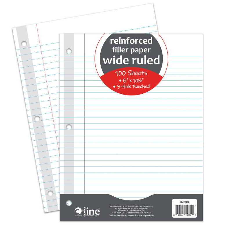 Reinforced 3-Hole Punched, Filler Paper, Wide Rule, 10.5" x 8", 100 Sheets