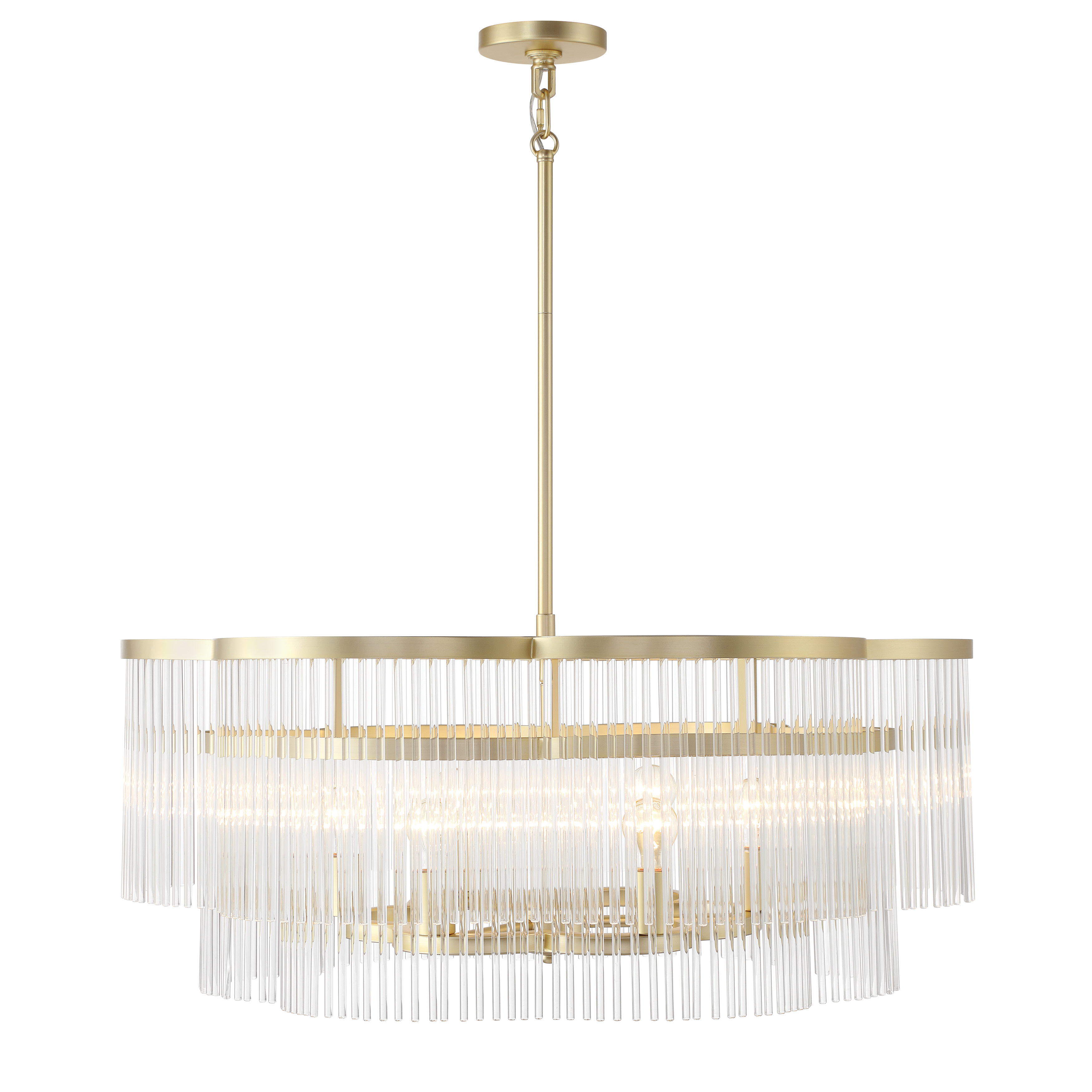 The Azura 6-Light Pendant combines warm heirloom brass with prismatic crystal rods for a sophisticated statement piece. Its 34-inch linear design makes it perfect for dining tables and kitchen islands, delivering both ambient and decorative lighting. - alternate view