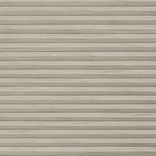 Beige horizontal slatted roller blind, fully lowered with wood-grain texture and narrow ridged slats; closed and blocking light, filling the frame against neutral indoor lighting.