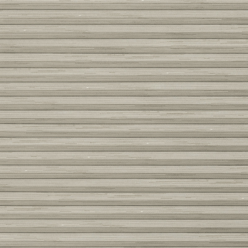 Beige horizontal slatted roller blind, fully lowered with wood-grain texture and narrow ridged slats; closed and blocking light, filling the frame against neutral indoor lighting.