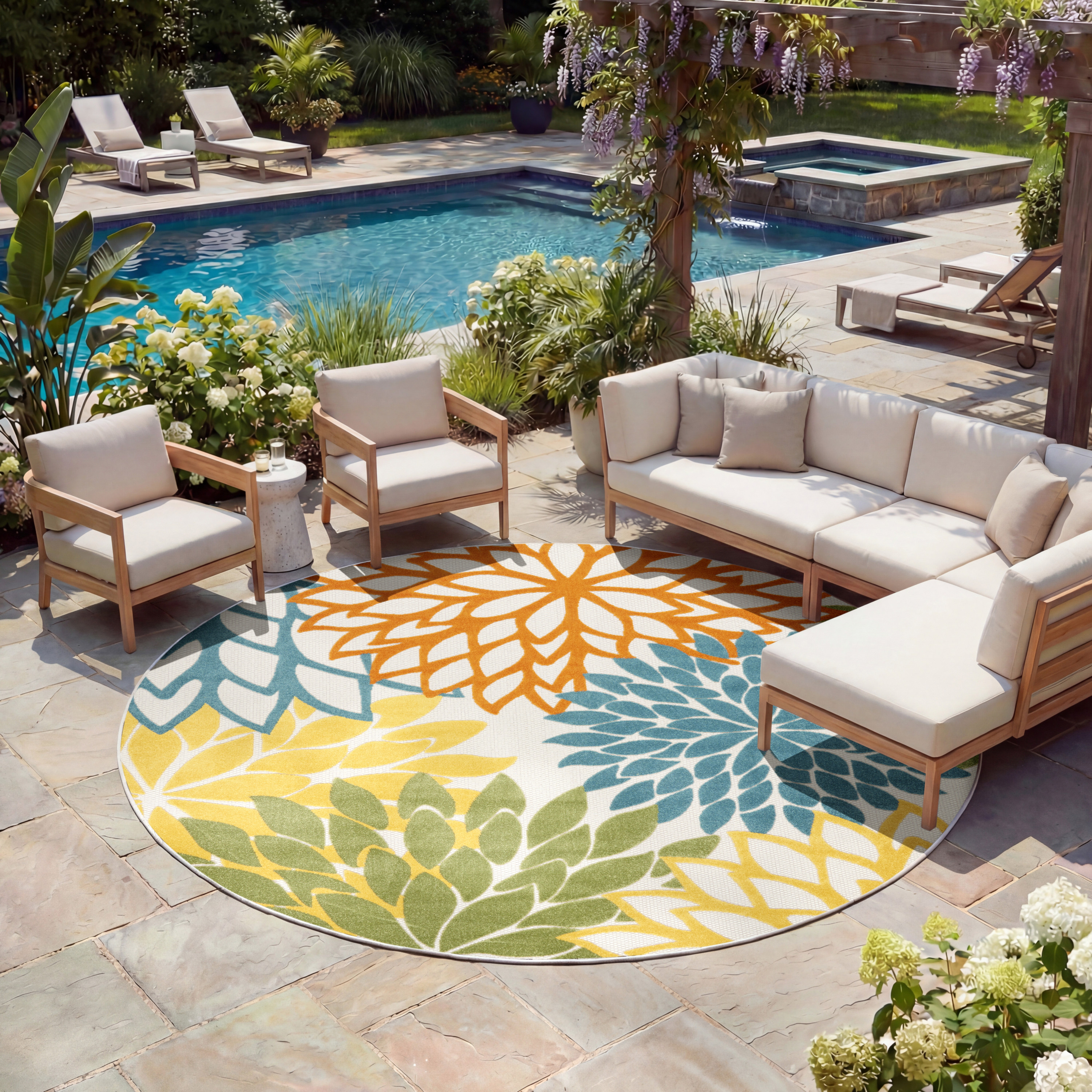 Nourison Aloha 7'10" x Round Turquoise Multicolor Tropical Rug