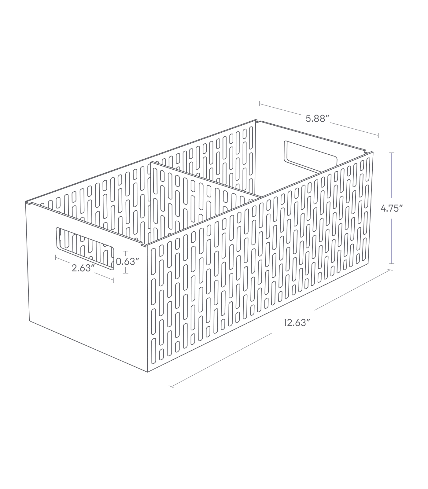 Dimension image for Stackable Vegetable Stocker showing a total length of 12.63 inches, width of 5.88 inches, height of 4.75 inches. Handle height and length are 0.63 inches and 2.63 inches respectively.