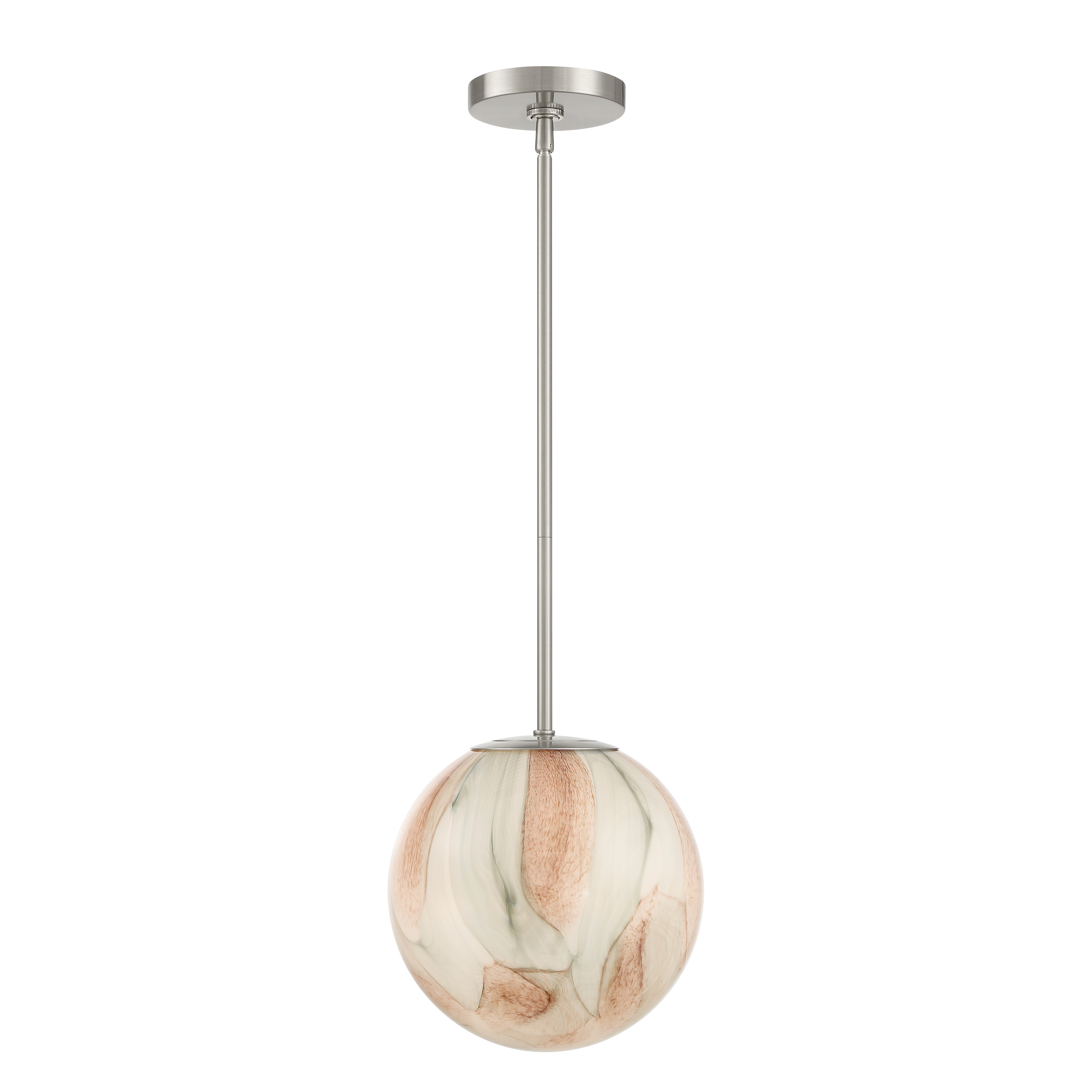 The Desert pendant combines brushed nickel hardware with distinctive amber swirl glass to create warm, inviting illumination. Its compact 10-inch size makes it ideal for kitchen islands, breakfast nooks, or as accent lighting in bathrooms and hallways. - alternate view