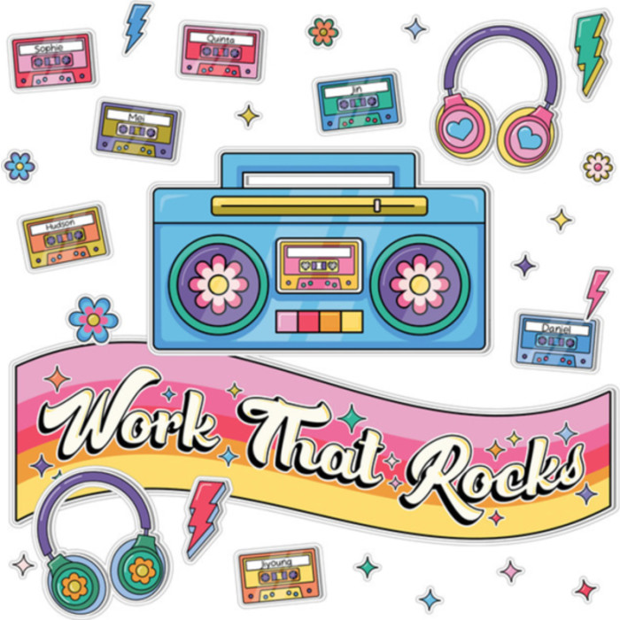 Happily Ever Elementary Retro Remix Work That Rocks Bulletin Board Set, 79 Pieces