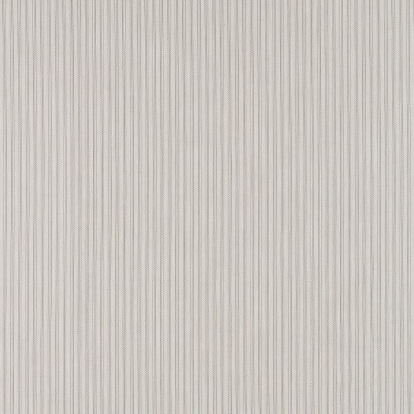 Off-white textured wallpaper with closely spaced thin dotted grey vertical stripes, covering an interior wall uniformly and creating a subtle linear pattern under even, neutral lighting.