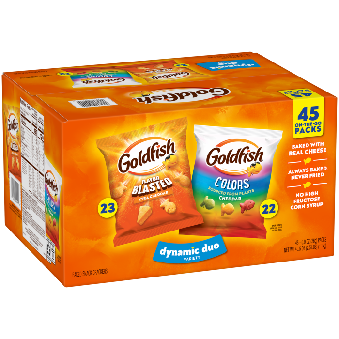 Goldfish® Colors Cheddar and Flavor Blasted Xtra Cheddar Crackers, 45 count box, 40.5 oz, bag - Left Angle Image