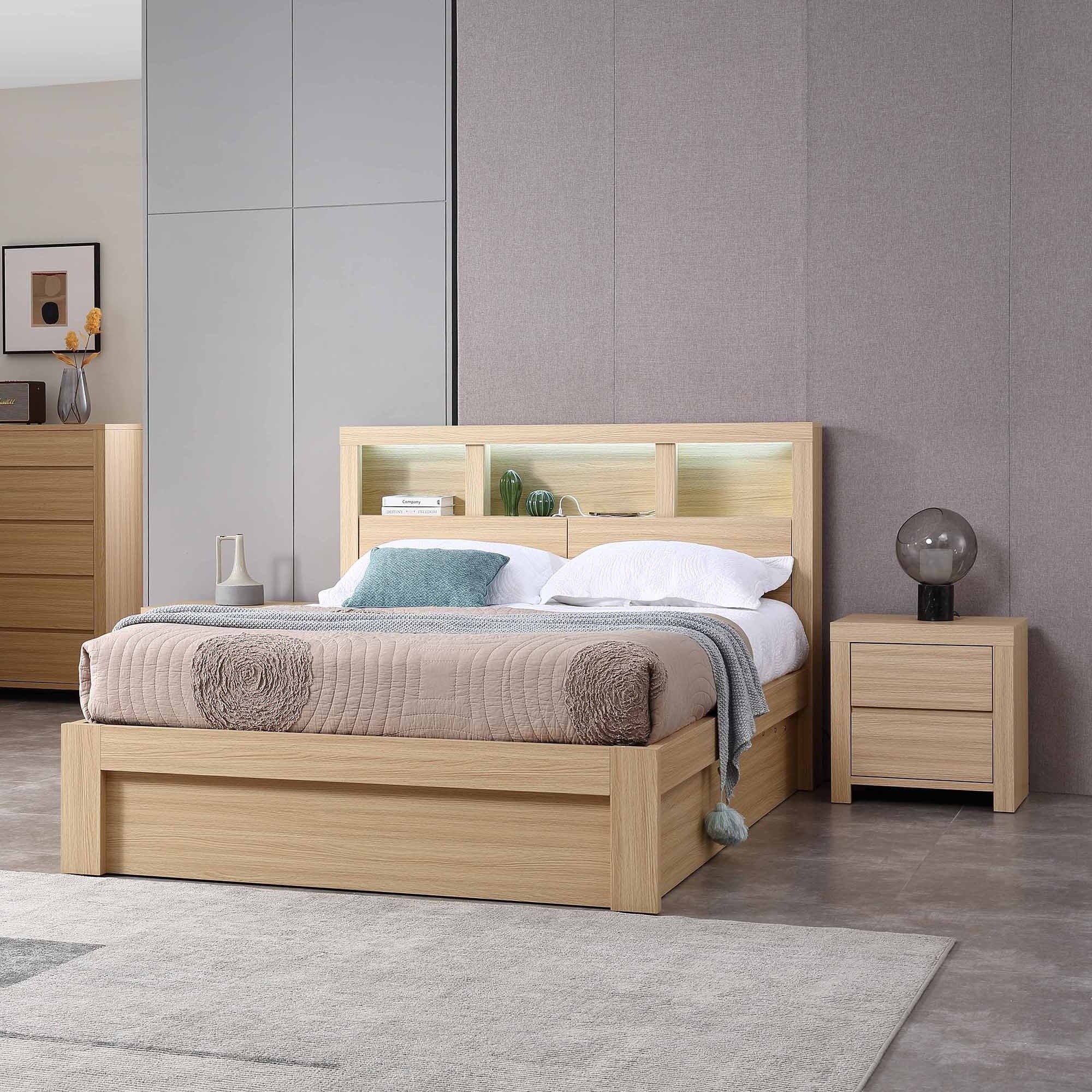 Lifestyle image of the  Lugano Bed Frame, Front Slat Gas Lift Base, Alpine Oak from Forty Winks
