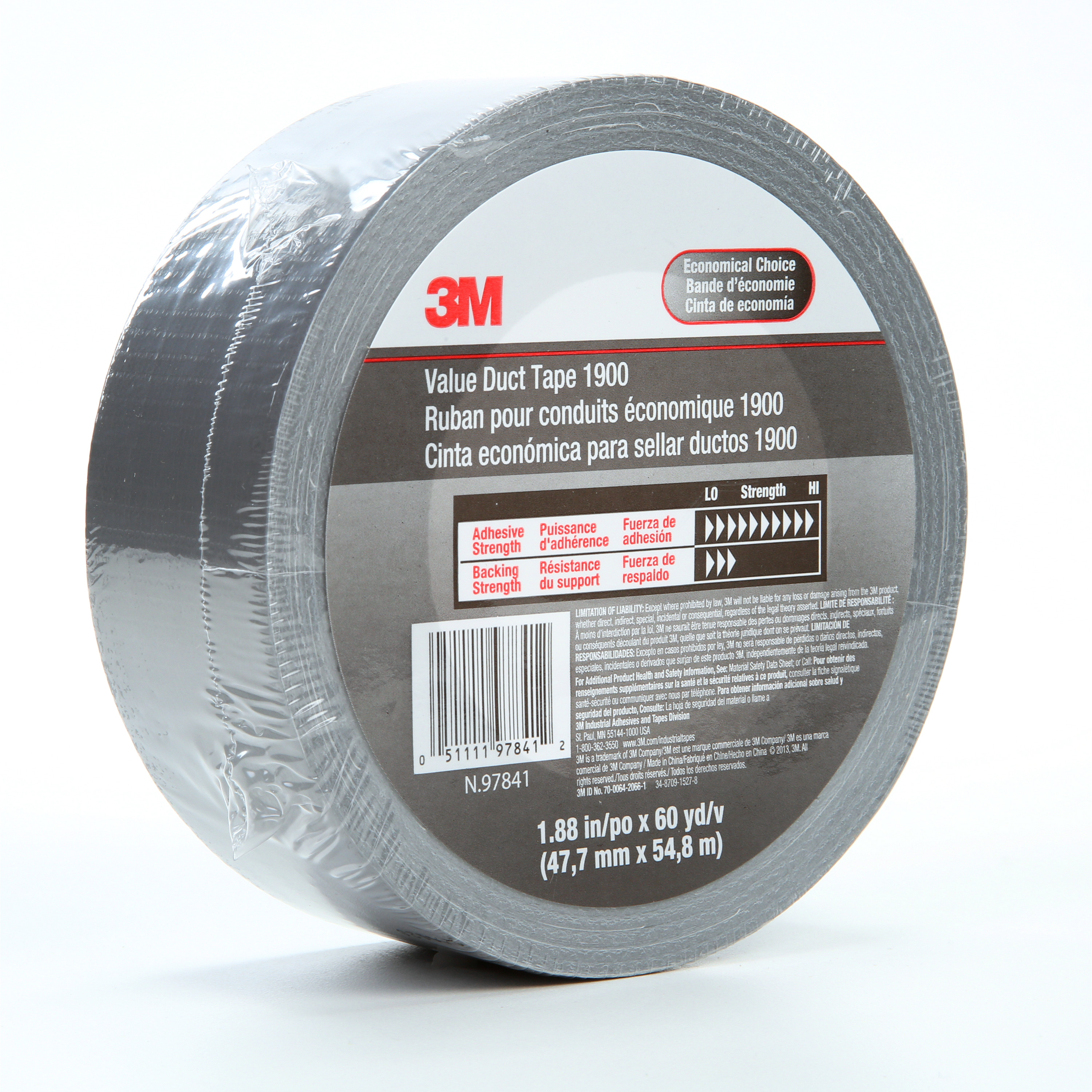 3M™ Value Duct Tape 1900, Silver, 1.88 in x 60 yd, 5.8 mil, 24 per case,
Individually Wrapped Conveniently Packaged
