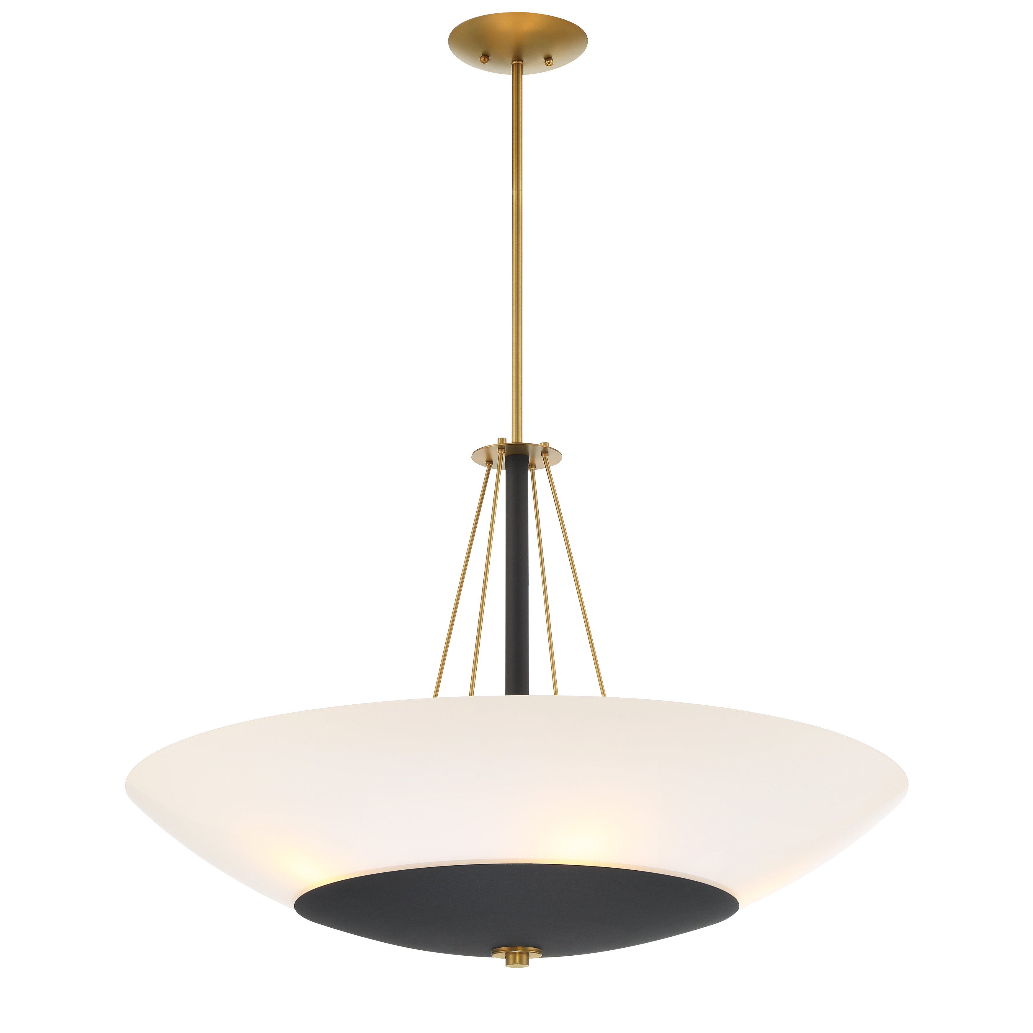 The Bax 5-Light Pendant combines industrial-inspired design with modern sophistication through its distinctive Sand Coal and Soft Brass finish pairing. At 32 inches wide, this substantial fixture provides excellent illumination while serving as a striking focal point. - alternate view